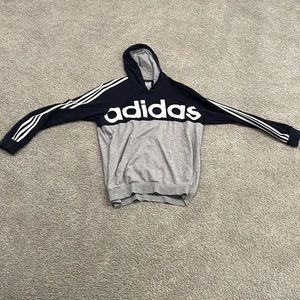 XLT tall gray and navy blue addias hoodie with white stripes on sleeves